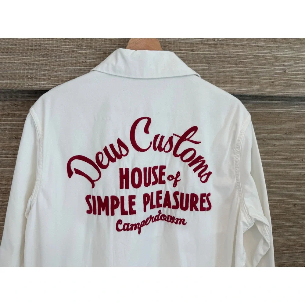 Deus Ex Machina Gulf Drizzler Jacket White Red Embroidered Moto Mechanic - S
